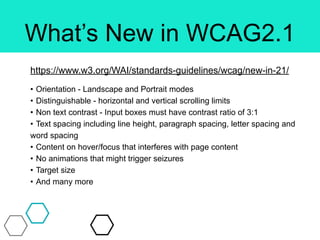 What’s New in WCAG2.1
https://www.w3.org/WAI/standards-guidelines/wcag/new-in-21/
• Orientation - Landscape and Portrait modes
• Distinguishable - horizontal and vertical scrolling limits
• Non text contrast - Input boxes must have contrast ratio of 3:1
• Text spacing including line height, paragraph spacing, letter spacing and
word spacing
• Content on hover/focus that interferes with page content
• No animations that might trigger seizures
• Target size
• And many more
 