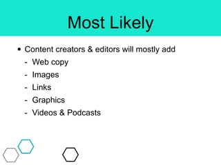 Most Likely
• Content creators & editors will mostly add
- Web copy
- Images
- Links
- Graphics
- Videos & Podcasts
 