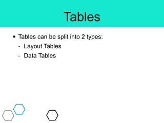 Tables
• Tables can be split into 2 types:
- Layout Tables
- Data Tables
 