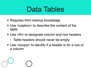 Data Tables
• Requires html markup knowledge
• Use <caption> to describe the content of the
table
• Use <th> to designate column and row headers
- Table headers should never be empty
• Use <scope> to identify if a header is for a row or
a column
 