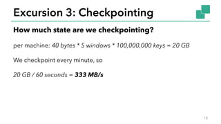 Excursion 3: Checkpointing
18
How much state are we checkpointing?
per machine: 40 bytes * 5 windows * 100,000,000 keys = ...