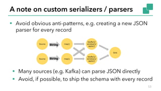 A note on custom serializers / parsers
§ Avoid obvious anti-patterns, e.g. creating a new JSON
parser for every record
53
Source map()
String
keyBy()/
window()/
apply()
Sink
Source map()
keyBy()/
window()/
apply()
§ Many sources (e.g. Kafka) can parse JSON directly
§ Avoid, if possible, to ship the schema with every record
String
 