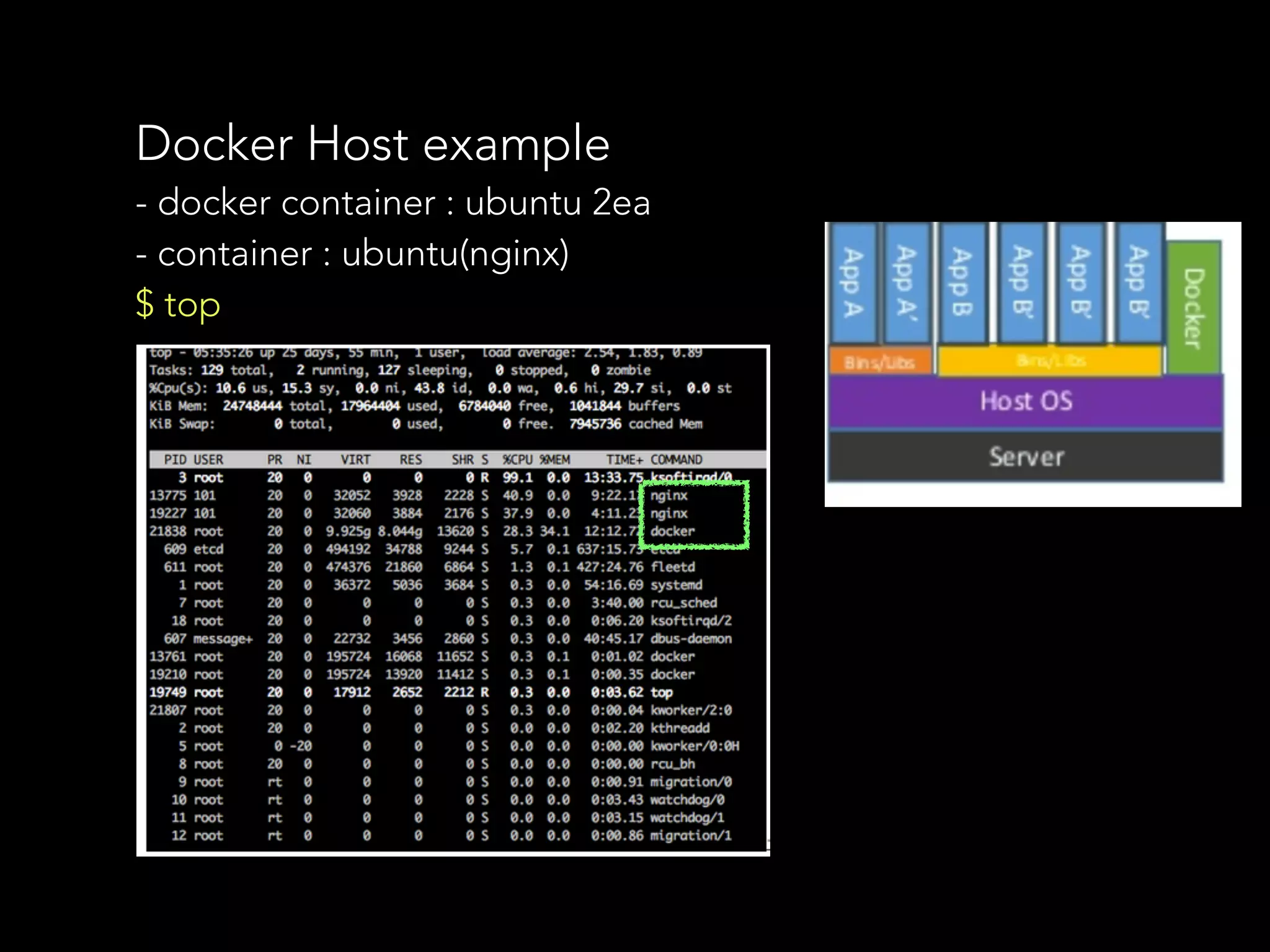 Docker Host example
- docker container : ubuntu 2ea
- container : ubuntu(nginx)
$ top
 