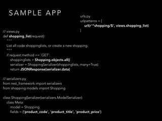 S A M P L E A P P
// views.py
def shopping_list(request):
"""
List all code shoppinglists, or create a new shopping.
"""
if request.method == 'GET':
shoppinglists = Shopping.objects.all()
serializer = ShoppingSerializer(shoppinglists, many=True)
return JSONResponse(serializer.data)
// serializers.py
from rest_framework import serializers
from shopping.models import Shopping
class ShoppingSerializer(serializers.ModelSerializer):
class Meta:
model = Shopping
fields = ('product_code', 'product_title', 'product_price')
urls.py
urlpatterns = [
url(r'^shopping/$', views.shopping_list)
]
 