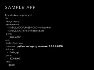 S A M P L E A P P
$ cat docker-compose.yml
db:
image: mysql
environment:
- MYSQL_ROOT_PASSWORD=hellopython
- MYSQL_DATABASE=shopping_db
ports:
- "3306:3306"
web:
build: ./web_api/
command: python manage.py runserver 0.0.0.0:8000
volumes:
- .:/web_api
ports:
- "8000:8000"
links:
- db:db
 
