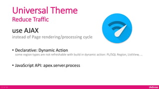 Universal Theme
Reduce Traffic
use AJAX
instead of Page rendering/processing cycle
• Declarative: Dynamic Action
some region types are not refreshable with build in dynamic action: PL/SQL Region, ListView, …
• JavaScript API: apex.server.process
22 of 36
 