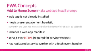 PWA Concepts
Add to Home Screen - aka web app install prompt
• web app is not already installed
• meets a user engagement heuristic
currently: the user has interacted with the domain for at least 30 seconds
• includes a web app manifest
• served over HTTPS (required for service workers)
• has registered a service worker with a fetch event handler
37 of 36
 