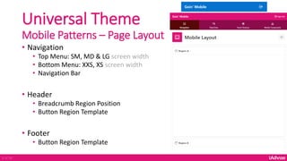Universal Theme
Mobile Patterns – Page Layout
• Navigation
• Top Menu: SM, MD & LG screen width
• Bottom Menu: XXS, XS screen width
• Navigation Bar
• Header
• Breadcrumb Region Position
• Button Region Template
• Footer
• Button Region Template
8 of 36
 