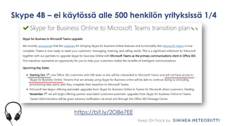 Keep On Track by
Skype 4B – ei käytössä alle 500 henkilön yrityksissä 1/4
https://bit.ly/2O8e7EE
 