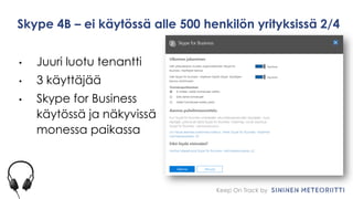 Keep On Track by
Skype 4B – ei käytössä alle 500 henkilön yrityksissä 2/4
• Juuri luotu tenantti
• 3 käyttäjää
• Skype for Business
käytössä ja näkyvissä
monessa paikassa
 
