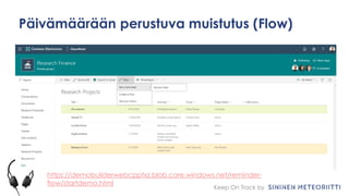 Keep On Track by
Päivämäärään perustuva muistutus (Flow)
https://demobuilderwebcpptxz.blob.core.windows.net/reminder-
flow/startdemo.html
 