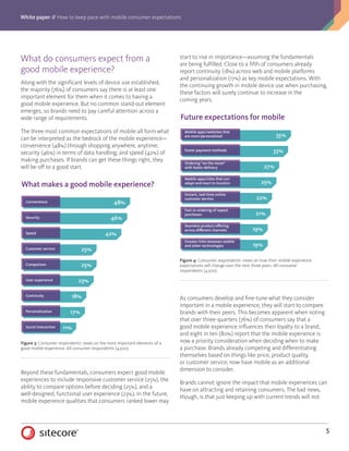 White paper // How to keep pace with mobile consumer expectations
5
What do consumers expect from a
good mobile experience?
Along with the significant levels of device use established,
the majority (76%) of consumers say there is at least one
important element for them when it comes to having a
good mobile experience. But no common stand-out element
emerges, so brands need to pay careful attention across a
wide range of requirements.
The three most common expectations of mobile all form what
can be interpreted as the bedrock of the mobile experience—
convenience (48%) through shopping anywhere, anytime;
security (46%) in terms of data handling; and speed (42%) of
making purchases. If brands can get these things right, they
will be off to a good start.
Beyond these fundamentals, consumers expect good mobile
experiences to include responsive customer service (25%), the
ability to compare options before deciding (25%), and a
well-designed, functional user experience (23%). In the future,
mobile experience qualities that consumers ranked lower may
start to rise in importance—assuming the fundamentals
are being fulfilled. Close to a fifth of consumers already
report continuity (18%) across web and mobile platforms
and personalization (17%) as key mobile expectations. With
the continuing growth in mobile device use when purchasing,
these factors will surely continue to increase in the
coming years.
As consumers develop and fine-tune what they consider
important in a mobile experience, they will start to compare
brands with their peers. This becomes apparent when noting
that over three-quarters (76%) of consumers say that a
good mobile experience influences their loyalty to a brand,
and eight in ten (80%) report that the mobile experience is
now a priority consideration when deciding when to make
a purchase. Brands already competing and differentiating
themselves based on things like price, product quality,
or customer service, now have mobile as an additional
dimension to consider.
Brands cannot ignore the impact that mobile experiences can
have on attracting and retaining consumers. The bad news,
though, is that just keeping up with current trends will not
48%
46%
42%
25%
25%
23%
18%
17%
What makes a good mobile experience?
Convenience
Security
Speed
Customer service
Comparison
User experience
Continuity
Personalization
11%Social interaction
Figure 3: Consumer respondents’ views on the most important elements of a
good mobile experience. All consumer respondents (4,500).
33%
35%
27%
25%
22%
21%
19%
19%
Future expectations for mobile
Mobile apps/sites that can
adapt and react to location
Greater links between mobile
and other technologies
Seamless product offering
across different channels
Fast re-ordering of repeat
purchases
Instant, real-time online
customer service
Ordering “on the move”
with faster delivery
Faster payment methods
Mobile apps/websites that
are more personalized
Figure 4: Consumer respondents’ views on how their mobile experience
expectations will change over the next three years. All consumer
respondents (4,500).
 