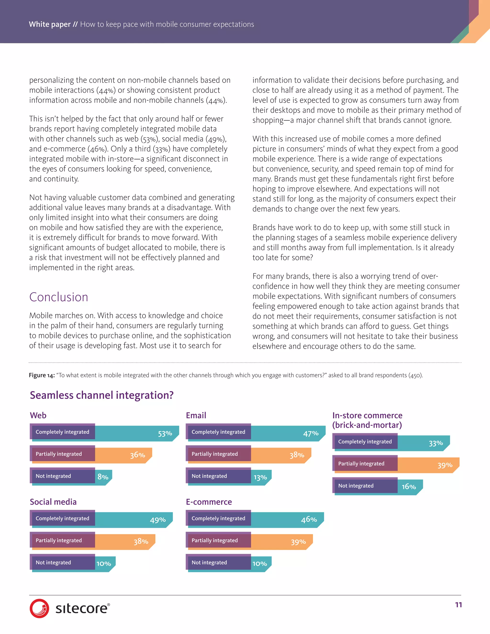 White paper // How to keep pace with mobile consumer expectations
11
personalizing the content on non-mobile channels based on
mobile interactions (44%) or showing consistent product
information across mobile and non-mobile channels (44%).
This isn’t helped by the fact that only around half or fewer
brands report having completely integrated mobile data
with other channels such as web (53%), social media (49%),
and e-commerce (46%). Only a third (33%) have completely
integrated mobile with in-store—a significant disconnect in
the eyes of consumers looking for speed, convenience,
and continuity.
Not having valuable customer data combined and generating
additional value leaves many brands at a disadvantage. With
only limited insight into what their consumers are doing
on mobile and how satisfied they are with the experience,
it is extremely difficult for brands to move forward. With
significant amounts of budget allocated to mobile, there is
a risk that investment will not be effectively planned and
implemented in the right areas.
Conclusion
Mobile marches on. With access to knowledge and choice
in the palm of their hand, consumers are regularly turning
to mobile devices to purchase online, and the sophistication
of their usage is developing fast. Most use it to search for
information to validate their decisions before purchasing, and
close to half are already using it as a method of payment. The
level of use is expected to grow as consumers turn away from
their desktops and move to mobile as their primary method of
shopping—a major channel shift that brands cannot ignore.
With this increased use of mobile comes a more defined
picture in consumers’ minds of what they expect from a good
mobile experience. There is a wide range of expectations
but convenience, security, and speed remain top of mind for
many. Brands must get these fundamentals right first before
hoping to improve elsewhere. And expectations will not
stand still for long, as the majority of consumers expect their
demands to change over the next few years.
Brands have work to do to keep up, with some still stuck in
the planning stages of a seamless mobile experience delivery
and still months away from full implementation. Is it already
too late for some?
For many brands, there is also a worrying trend of over-
confidence in how well they think they are meeting consumer
mobile expectations. With significant numbers of consumers
feeling empowered enough to take action against brands that
do not meet their requirements, consumer satisfaction is not
something at which brands can afford to guess. Get things
wrong, and consumers will not hesitate to take their business
elsewhere and encourage others to do the same.
Figure 14: “To what extent is mobile integrated with the other channels through which you engage with customers?” asked to all brand respondents (450).
10%
49%
38%
Not integrated
Completely integrated
Partially integrated
Seamless channel integration?
Web
Social media
Email
E-commerce
In-store commerce
(brick-and-mortar)
53%
36%
8%Not integrated
Completely integrated
Partially integrated
46%
39%
10%Not integrated
Completely integrated
Partially integrated
47%
38%
13%Not integrated
Completely integrated
Partially integrated
33%
39%
16%Not integrated
Completely integrated
Partially integrated
 