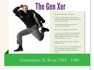 • Speed it up, then speed it up again.

                • Explain your credentials, but don't expect
                  automatic respect based on your age or the fact
                  that you are the trainer.

                • Avoid cliché and hyperbole, and make it
                  relevant to their generation.

                • Use technology wherever it makes sense.

                • Communicate the benefits of the training and
                  clearly establish the expectations from the
                  beginning. Make sure what you are doing is
                  relevant to their career goals.

                • Lighten up! Gen X loves humor, especially
                  irreverent humor.

                • Make it visually attractive. Avoid large blocks of
                  text. Incorporate illustrations, cartoons,
                  attractive graphic design, bullet points, and
                  headers.




Generation X: Born 1965 - 1980
 