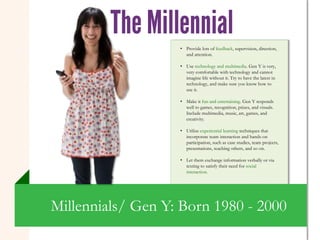 • Provide lots of feedback, supervision, direction,
                     and attention.

                   • Use technology and multimedia. Gen Y is very,
                     very comfortable with technology and cannot
                     imagine life without it. Try to have the latest in
                     technology, and make sure you know how to
                     use it.

                   • Make it fun and entertaining. Gen Y responds
                     well to games, recognition, prizes, and visuals.
                     Include multimedia, music, art, games, and
                     creativity.

                   • Utilize experiential learning techniques that
                     incorporate team interaction and hands-on
                     participation, such as case studies, team projects,
                     presentations, teaching others, and so on.

                   • Let them exchange information verbally or via
                     texting to satisfy their need for social
                     interaction.




Millennials/ Gen Y: Born 1980 - 2000
 