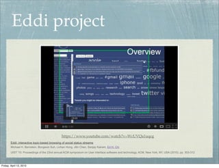 Eddi project




                                               https://www.youtube.com/watch?v=WcUVQa1uqcg
        Eddi: interactive topic-based browsing of social status streams
        Michael H. Bernstein, Bongwon Suh, Lichan Hong, Jilin Chen, Sanjay Kairam, Ed H. Chi
        UIST '10: Proceedings of the 23nd annual ACM symposium on User interface software and technology, ACM, New York, NY, USA (2010), pp. 303-312



Friday, April 12, 2013
 