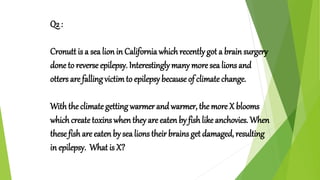 Q2 :
Cronutt is a sea lion in California whichrecently got a brain surgery
done to reverse epilepsy. Interestinglymany more sea lions and
otters are fallingvictimto epilepsy because of climate change.
With the climate getting warmer and warmer, the more X blooms
which create toxins when they are eaten by fish like anchovies. When
these fish are eaten by sea lions their brains get damaged, resulting
in epilepsy. What is X?
 