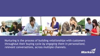 Nurturing is the process of building relationships with customers
throughout their buying cycle by engaging them in personalized,
relevant conversations, across multiple channels.
 