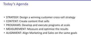 • STRATEGY: Design a winning customer cross-sell strategy
• CONTENT: Create content that sells
• PROGRAMS: Develop and execute programs at scale
• MEASUREMENT: Measure and optimize the results
• ALIGNMENT: Align Marketing and Sales on the same goals
Today’s Agenda
 