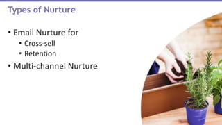 • Email Nurture for
• Cross-sell
• Retention
• Multi-channel Nurture
Types of Nurture
 
