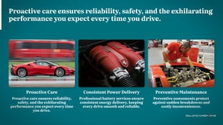 Preventive Maintenance
Preventive assessments protect
against sudden breakdowns and
costly inconveniences.
Consistent Power Delivery
Professional battery services ensure
consistent energy delivery, keeping
every drive smooth and reliable.
Proactive Care
Proactive care ensures reliability,
safety, and the exhilarating
performance you expect every time
you drive.
Proactive care ensures reliability, safety, and the exhilarating
performance you expect every time you drive.
 