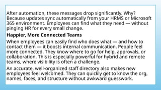After automation, these messages drop significantly. Why?
Because updates sync automatically from your HRMS or Microsoft
365 environment. Employees can find what they need — without
pinging HR for every small change.
Happier, More Connected Teams
When employees can easily find who does what — and how to
contact them — it boosts internal communication. People feel
more connected. They know where to go for help, approvals, or
collaboration. This is especially powerful for hybrid and remote
teams, where visibility is often a challenge.
An accurate, well-organized staff directory also makes new
employees feel welcomed. They can quickly get to know the org,
names, faces, and structure without awkward guesswork.
 
