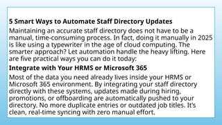 5 Smart Ways to Automate Staff Directory Updates
Maintaining an accurate staff directory does not have to be a
manual, time-consuming process. In fact, doing it manually in 2025
is like using a typewriter in the age of cloud computing. The
smarter approach? Let automation handle the heavy lifting. Here
are five practical ways you can do it today:
Integrate with Your HRMS or Microsoft 365
Most of the data you need already lives inside your HRMS or
Microsoft 365 environment. By integrating your staff directory
directly with these systems, updates made during hiring,
promotions, or offboarding are automatically pushed to your
directory. No more duplicate entries or outdated job titles. It’s
clean, real-time syncing with zero manual effort.
 