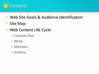 ContentsWeb Site Goals & Audience Identification Site Map Web Content Life Cycle Content PlanWriteMaintainArchive
