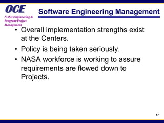 OCE
NASA Engineering &
                     Software Engineering Management
Program/Project
Management

      • Overall implementation strengths exist
        at the Centers.
      • Policy is being taken seriously.
      • NASA workforce is working to assure
        requirements are flowed down to
        Projects.




                                                   17
 