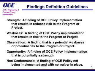 OCE
NASA Engineering &
                     Findings Definition Guidelines
Program/Project
Management


    Strength: A finding of OCE Policy implementation
       that results in reduced risk to the Program or
       Project.
    Weakness: A finding of OCE Policy implementation
      that results in risk to the Program or Project.
    Observation: A finding that is a potential weakness
      or potential risk to the Program or Project.
    Opportunity: A finding of OCE Policy Implementation
      that is potentially a strength.
    Non-Conformance: A finding of OCE Policy not
      being implemented and with no waiver in place.      5
 