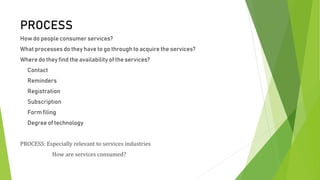 PROCESS
How do people consumer services?
What processes do they have to go through to acquire the services?
Where do they find the availability of the services?
Contact
Reminders
Registration
Subscription
Form filing
Degree of technology
PROCESS: Especially relevant to services industries
How are services consumed?
 