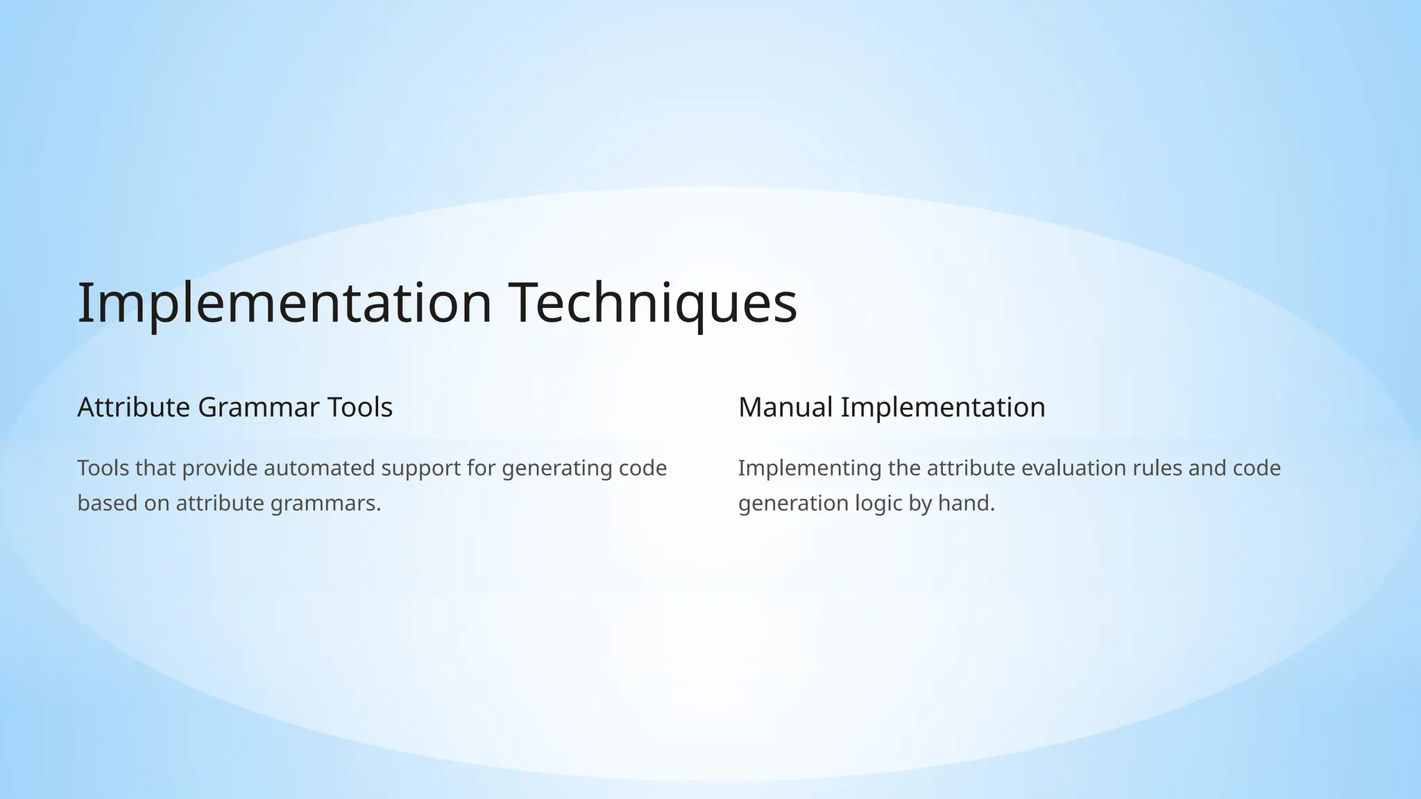 Implementation Techniques
Attribute Grammar Tools
Tools that provide automated support for generating code
based on attribute grammars.
Manual Implementation
Implementing the attribute evaluation rules and code
generation logic by hand.
 