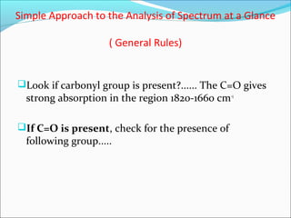 Simple Approach to the Analysis of Spectrum at a Glance
( General Rules)
Look if carbonyl group is present?...... The C=O gives
strong absorption in the region 1820-1660 cm-1
If C=O is present, check for the presence of
following group.....
 