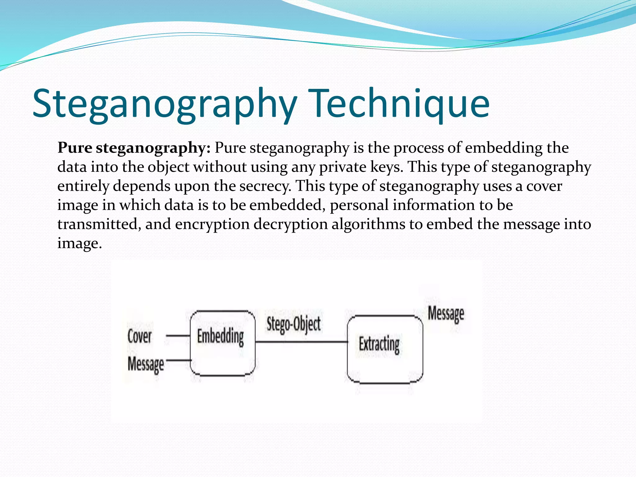 Steganography Technique
Pure steganography: Pure steganography is the process of embedding the
data into the object without using any private keys. This type of steganography
entirely depends upon the secrecy. This type of steganography uses a cover
image in which data is to be embedded, personal information to be
transmitted, and encryption decryption algorithms to embed the message into
image.
 
