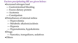 Factors precipitating HE are given below:
Increased nitrogen load
–– Gastrointestinal bleeding
–– Excess dietary protein
–– Azotemia
–– Constipation
Disturbances of internal milieu
–– Hypovolemia
–– Metabolic alkalosis/acidosis
–– Hypoxia
–– Hyponatremia, hypokalemia
Drugs
–– Narcotics, tranquilizers, sedatives
Others
 