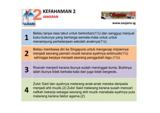 KEFAHAMAN 2
          JAWAPAN
                                                     www.saujana.sg


    Beliau tanpa rasa takut untuk berkorban(1½) dan sanggup menjual
1   buku-bukunya yang berharga semata-mata untuk untuk
    menampung perbelanjaan sekolah anaknya(1½).

    Beliau membawa diri ke Singapura untuk mengecap impiannya
2   menjadi seorang pemain muzik kerana ayahnya antimuzik(1½)
    sehingga b j
      hi      berjaya menjadi seorang penggubah l
                         j di               b h lagu (1½)
                                                     (1½).


3   Rosnah menjerit kerana ibunya sudah meninggal dunia. Buktinya
                 j               y                gg
    ialah ibunya tidak berkata-kata dan juga tidak bergerak.
                                                               y



    Zubir Said dan ayahnya melarang anak-anak mereka daripada

4   menjadi ahli muzik.(2) Zubir Said melarang kerana susah mencari
    nafkah bekerja sebagai seorang ahli muzik manakala ayahnya pula
    melarang k
       l      kerana f kt agama.(2)
                     faktor         (2)
 