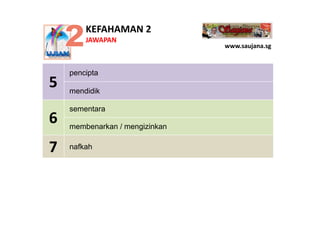 KEFAHAMAN 2
        JAWAPAN
                                www.saujana.sg


    pencipta
5   mendidik

    sementara
6   membenarkan / mengizinkan


7   nafkah
 