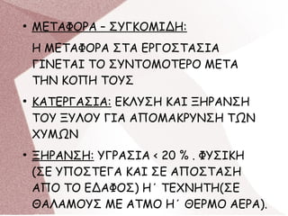 ●
ΜΕΤΑΦΟΡΑ – ΣΥΓΚΟΜΙΔΗ:
Η ΜΕΤΑΦΟΡΑ ΣΤΑ ΕΡΓΟΣΤΑΣΙΑ
ΓΙΝΕΤΑΙ ΤΟ ΣΥΝΤΟΜΟΤΕΡΟ ΜΕΤΑ
ΤΗΝ ΚΟΠΗ ΤΟΥΣ
●
ΚΑΤΕΡΓΑΣΙΑ: ΕΚΛΥΣΗ ΚΑΙ ΞΗΡΑΝΣΗ
ΤΟΥ ΞΥΛΟΥ ΓΙΑ ΑΠΟΜΑΚΡΥΝΣΗ ΤΩΝ
ΧΥΜΩΝ
●
ΞΗΡΑΝΣΗ: ΥΓΡΑΣΙΑ < 20 % . ΦΥΣΙΚΗ
(ΣΕ ΥΠΟΣΤΕΓΑ ΚΑΙ ΣΕ ΑΠΟΣΤΑΣΗ
ΑΠΟ ΤΟ ΕΔΑΦΟΣ) Η΄ ΤΕΧΝΗΤΗ(ΣΕ
ΘΑΛΑΜΟΥΣ ΜΕ ΑΤΜΟ Η΄ ΘΕΡΜΟ ΑΕΡΑ).
 