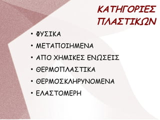 ΚΑΤΗΓΟΡΙΕΣ
ΠΛΑΣΤΙΚΩΝ
●
ΦΥΣΙΚΑ
●
ΜΕΤΑΠΟΙΗΜΕΝΑ
●
ΑΠΟ ΧΗΜΙΚΕΣ ΕΝΩΣΕΙΣ
●
ΘΕΡΜΟΠΛΑΣΤΙΚΑ
●
ΘΕΡΜΟΣΚΛΗΡΥΝΟΜΕΝΑ
●
ΕΛΑΣΤΟΜΕΡΗ
 