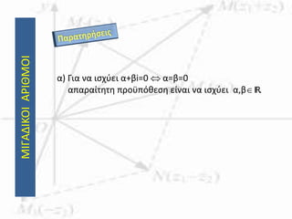 ΜΙΓΑΔΙΚΟΙΑΡΙΘΜΟΙ
α) Για να ισχύει α+βi=0  α=β=0
απαραίτητη προϋπόθεση είναι να ισχύει α,βIR.
 