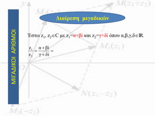 ΜΙΓΑΔΙΚΟΙΑΡΙΘΜΟΙ
Διαίρεση μιγαδικών
Έστω z1, z2C με z1=α+βi και z2=γ+δi όπου α,β,γ,δIR.




δiγ
iβα
z
z
2
1
 