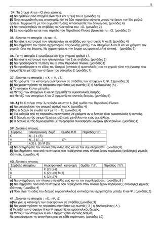 5 
34. Τα άτομα αΧ και 17Cl είναι ισότοπα. 
α) Να βρεθούν ποιο στοιχείο είναι το Χ και η τιμή του α (μονάδες 4) 
β) Ένας συμμαθητής σας υποστηρίζει ότι τα δύο παραπάνω ισότοπα μπορεί να έχουν τον ίδιο μαζικό αριθμό. Συμφωνείτε με τον συμμαθητή σας; Αιτιολογείστε την άποψή σας. (μονάδες 4) 
γ) Να τοποθετηθούν σε στιβάδες τα ηλεκτρόνια του 17Cl. (μονάδες 2) 
δ) Σε ποια ομάδα και σε ποια περίοδο του Περιοδικού Πίνακα βρίσκεται το 17Cl. (μονάδες 3) 
35. Δίνονται τα στοιχεία 11Α και 17Β. 
α) Να κάνετε κατανομή των ηλεκτρονίων σε στιβάδες για τα στοιχεία Α και Β. (μονάδες 4) 
β) Να εξηγήσετε τον τρόπο σχηματισμού της ένωσης μεταξύ των στοιχείων Α και Β και να γράψετε τον χημικό τύπο της ένωσης. Να χαρακτηρίσετε την ένωση ως ομοιοπολική ή ιοντική. (μονάδες 9) 
36. Για το στοιχείο Σ γνωρίζουμε ότι έχει ατομικό αριθμό 17. 
α) Να κάνετε κατανομή των ηλεκτρονίων του Σ σε στιβάδες. (μoνάδες 2) 
β) Να προσδιορίσετε τη θέση του Σ στον Περιοδικό Πίνακα. (μoνάδες 3) 
γ) Να προσδιορίσετε το είδος του δεσμού (ιοντικός ή ομοιπολικός ) και το χημικό τύπο της ένωσης που σχηματίζεται μεταξύ των ατόμων του στοιχείου Σ (μονάδες 7) 
37. Δίνονται τα στοιχεία : 12 Χ, 17 Ψ, 8 Ζ. 
α) Να γράψετε την κατανομή ηλεκτρονίων σε στιβάδες των στοιχείων Χ, Ψ, Ζ (μονάδες 3) 
β) Να χαρακτηρίσετε τις παρακάτω προτάσεις ως σωστές (Σ) ή λανθασμένες (Λ) . 
ι) Το στοιχείο Χ είναι μέταλλο. 
ιι) Μεταξύ των στοιχείων Χ και Ψ σχηματίζεται ομοιοπολικός δεσμός. 
ιιι) Μεταξύ των στοιχείων Χ και Ζ σχηματίζεται ιοντικός δεσμός. (μονάδες 6) 
38. Α) Το Χ ανήκει στην 3η περίοδο και στην 1η (ΙΑ) ομάδα του Περιοδικού Πίνακα. 
α) Να υπολογίσετε τον ατομικό αριθμό του Χ. (μονάδες 4) 
β)Με τι δεσμό θα ενωθεί το Χ με το 17 Cl; (μονάδες 4) 
Β) Για καθεμία από τις παρακάτω περιπτώσεις να γράψετε αν ο δεσμός είναι ομοιοπολικός ή ιοντικός. 
α) Ο δεσμός αυτός σχηματίζεται μεταξύ ενός μετάλλου και ενός αμετάλλου. 
β) Ο δεσμός αυτός δημιουργείται με τη αμοιβαία συνεισφορά μονήρων ηλεκτρονίων. (μονάδες 4) 
39. Δίνεται ο πίνακας 
Σύμβολο 
Ηλεκτρονιακή δομή 
Ομάδα Π.Π 
Περίοδος Π.Π 
Χ 
Κ(…) L (5) 
Ψ 
Κ(…) L(….) 
17η 
Ζ 
K(2) L (8) M (5) 
α) Να αντιγράψετε τον πίνακα στη κόλλα σας και να τον συμπληρώσετε. (μονάδες 8) 
β) Να εξηγήσετε ποια από τα στοιχεία που περιέχονται στον πίνακα έχουν παρόμοιες (ανάλογες) χημικές ιδιότητες. (μονάδες 4) 
40. Δίνεται ο πίνακας 
Σύμβολο στοιχείου 
Ηλεκτρονιακή κατανομή 
Ομάδα Π.Π. 
Περίοδος Π.Π. 
X 
K (2) L(4) 
Ψ 
K (2) L(8) M(7) 
Ζ 
K (2) L(7) 
α) Να αντιγράψετε τον πίνακα στη κόλλα σας και να τον συμπληρώσετε. (μονάδες 6 ) 
β) Να εξηγήσετε ποια από τα στοιχεία που περιέχονται στον πίνακα έχουν παρόμοιες ( ανάλογες) χημικές ιδιότητες; (μονάδες 4) 
γ) Ποιο είναι το είδος του δεσμού (ομοιοπολικός ή ιοντικός) που σχηματίζεται μεταξύ Χ και Ψ ; (μονάδες 2) 
41. Δίνονται τα στοιχεία : 11Χ, 17Ψ, 8Ζ. 
α)Να γίνει η κατανομή των ηλεκτρονίων σε στιβάδες (μονάδες 3) 
β) Να χαρακτηρίσετε τις παρακάτω προτάσεις ως σωστές ( Σ ) ή λανθασμένες ( Λ ). 
ι) Μεταξύ των στοιχείων Χ και Ψ σχηματίζεται ομοιοπολικός δεσμός. 
ii) Μεταξύ των στοιχείων Χ και Ζ σχηματίζεται ιοντικός δεσμός. 
Να αιτιολογήσετε τις απαντήσεις σας σε κάθε περίπτωση. (μονάδες 10)  