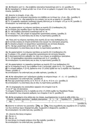 6 
42. A) Εξηγήστε γιατί το 11Na αποβάλλει ηλεκτρόνια δυσκολότερα από το 19K. (μονάδες 5) 
Β) Να περιγράψετε το δεσμό μεταξύ των 3X και 9Ψ και να γράψετε το χημικό τύπο της μεταξύ τους ένωσης. (μονάδες 7) 
43. Δίνονται τα στοιχεία 16S και 12Mg. 
α) Να γράψετε την κατανομή ηλεκτρονίων σε στιβάδες για τα άτομα του 16S και 12Mg . (μονάδες 4) 
β) Εξηγήστε γιατί το 12Mg εμφανίζεται στις ενώσεις του ως ιόν με φορτίο 2+ (μονάδες 3) 
γ) Το 16S εμφανίζει παρόμοιες (ανάλογες) χημικές ιδιότητες με το στοιχείο 15Χ ή με το 8Ψ; (μονάδα 1) 
Αιτιολογήστε την απάντησή σας. (μονάδες 4) 
44. Να χαρακτηρίσετε τις επόμενες προτάσεις ως σωστές (Σ) ή λανθασμένες (Λ); 
α) Τα στοιχεία μιας περιόδου έχουν την ίδια ατομική ακτίνα. 
β) Το 11Na αποβάλει ηλεκτρόνια ευκολότερα από το 19Κ. 
γ) To νάτριο (11Na), δεν μπορεί να σχηματίσει ομοιοπολικές ενώσεις. (μονάδες 3) 
Να αιτιολογήσετε τις απαντήσεις σας σε όλες τις περιπτώσεις (μονάδες 9) 
45. Ποιες από τις επόμενες προτάσεις είναι σωστές (Σ) και ποιες λανθασμένες (Λ); 
α) Οι ιοντικές ενώσεις σε στερεή κατάσταση είναι αγωγοί του ηλεκτρικού ρεύματος. 
β) Τα αλογόνα μπορούν να σχηματίσουν ομοιοπολικούς και ιοντικούς δεσμούς. 
γ) Το 11Νa έχει μεγαλύτερη ακτίνα από το 11Νa+ (μονάδες 3) 
Να αιτιολογήσετε τις απαντήσεις σας σε όλες τις περιπτώσεις (μονάδες 9) 
46. Να χαρακτηρίσετε τις επόμενες προτάσεις ως σωστές (Σ) ή λανθασμένες (Λ); 
α) Τo χλώριο (17Cl), μπορεί να σχηματίσει ομοιοπολικούς και ιοντικούς δεσμούς. 
β) Η ηλεκτραρνητικότητα καθορίζει την τάση των ατόμων να αποβάλλουν ηλεκτρόνια. 
γ) Το 17Cl προσλαμβάνει ηλεκτρόνια ευκολότερα από το 9F. (μονάδες 3) 
Να αιτιολογήσετε τις απαντήσεις σας σε όλες τις περιπτώσεις (μονάδες 9) 
47. Να χαρακτηρίσετε τις παρακάτω προτάσεις ως σωστές (Σ) ή ως λανθασμένες (Λ): 
α) Για τις ενέργειες ΕΚ και ΕL των στιβάδων Κ και L αντίστοιχα, ισχύει ότι ΕL < ΕK. (μονάδα 1) 
β) To στοιχείο φθόριο, F (Ζ=9), βρίσκεται στην 17η (VΙΙA) ομάδα και την 2η περίοδο του Περιοδικού Πίνακα. (μονάδα 1) 
Να αιτιολογήσετε την απάντησή σας για κάθε πρόταση. (μονάδες 4) 
48. A) Να ταξινομήσετε κατ’ αυξανόμενο μέγεθος τα επόμενα άτομα: 15P, 16S, 17Cl (μονάδες 2) 
Να αιτιολογήσετε την απάντησή σας (μονάδες 6) 
Β) Ποιο έχει μεγαλύτερη ακτίνα; α) το 7Ν ή το 15P, β) το 19K ή το 20Ca (μονάδες 2) 
Να αιτιολογήσετε τις απαντήσεις σας σε όλες τις περιπτώσεις (μονάδες 6) 
49. Οι πληροφορίες που ακολουθούν αφορούν στα στοιχεία Χ και Ψ. 
Τα ιόν Χ2+ έχει 10 ηλεκτρόνια. 
To στοιχείο Ψ βρίσκεται στην 2η περίοδο και στην 17η (VIIA) ομάδα του Περιοδικού Πίνακα. 
Να υπολογίσετε τους ατομικούς αριθμούς των στοιχείων Χ και Ψ. (μονάδες 9) 
50. A) Να αντιγράψετε στην κόλλα σας τον πίνακα, συμπληρώνοντας το κενά σε κάθε στήλη του. 
Στοιχείο 
Αριθμός πρωτονίων 
Αριθμός ηλεκτρονίων 
K 
L 
M 
Περίοδος Π.Π. 
Ομάδα Π.Π. 
Mg 
12 
(μονάδες 6) 
Β) Δίνονται τα ισότοπα του μαγνησίου 퐌퐠ퟏퟐ ퟐퟒ και 퐌퐠ퟏퟐ ퟐퟓ. Ένας συμμαθητής σας ισχυρίζεται ότι οι πυρήνες των δυο ισοτόπων έχουν διαφορετική μάζα. Συμφωνείτε ή διαφωνείτε; (μονάδα 1) 
Να αιτιολογήσετε την απάντηση σας. (μονάδες 5) 
51. Δίνονται δύο ζεύγη στοιχείων: 
α) 11Νa και 3Li, 
β) 11Na και 18Ar. 
Σε ποιο ζεύγος τα στοιχεία ανήκουν στην ίδια περίοδο; (μονάδα 1) 
Να αιτιολογήσετε την απάντησή σας. (μονάδες 6)  