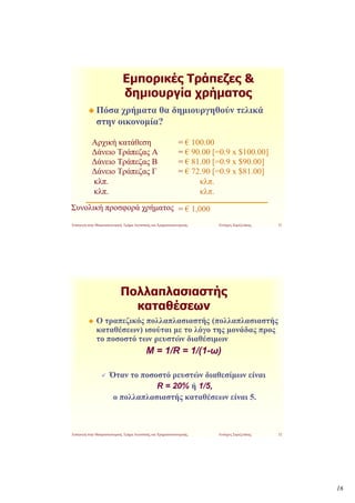 Εμπορικές Τράπεζες &
                              δημιουργία χρήματος
              Πόσα χρήματα θα δημιουργηθούν τελικά
              στην οικονομία?

            Αρχική κατάθεση                                     = € 100.00
            Δάνειο Τράπεζας Α                                   = € 90.00 [=0.9 x $100.00]
            Δάνειο Τράπεζας Β                                   = € 81.00 [=0.9 x $90.00]
            Δάνειο Τράπεζας Γ                                   = € 72.90 [=0.9 x $81.00]
            κλπ.                                                      κλπ.
            κλπ.                                                      κλπ.
Συνολική προσφορά χρήματος = € 1,000
Εισαγωγή στην Μακροοικονομική, Τμήμα Λογιστικής και Χρηματοοικονομικής.    Ευτύχιος Σαρτζετάκης   31




                             Πολλαπλασιαστής
                               καταθέσεων
              Ο τραπεζικός πολλαπλασιαστής (πολλαπλασιαστής
              καταθέσεων) ισούται με το λόγο της μονάδας προς
              το ποσοστό των ρευστών διαθέσιμων
                                             M = 1/R = 1/(1-ω)

                      Όταν το ποσοστό ρευστών διαθεσίμων είναι
                                  R = 20% ή 1/5,
                       ο πολλαπλασιαστής καταθέσεων είναι 5.



Εισαγωγή στην Μακροοικονομική, Τμήμα Λογιστικής και Χρηματοοικονομικής.    Ευτύχιος Σαρτζετάκης   32




                                                                                                       16
 