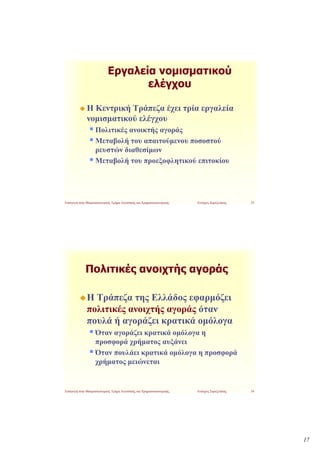 Εργαλεία νομισματικού
                                   ελέγχου

              Η Κεντρική Τράπεζα έχει τρία εργαλεία
              νομισματικού ελέγχου
                    Πολιτικές ανοικτής αγοράς
                    Μεταβολή του απαιτούμενου ποσοστού
                    ρευστών διαθεσίμων
                    Μεταβολή του προεξοφλητικού επιτοκίου




Εισαγωγή στην Μακροοικονομική, Τμήμα Λογιστικής και Χρηματοοικονομικής.   Ευτύχιος Σαρτζετάκης   33




             Πολιτικές ανοιχτής αγοράς

              Η Τράπεζα της Ελλάδος εφαρμόζει
              πολιτικές ανοιχτής αγοράς όταν
              πουλά ή αγοράζει κρατικά ομόλογα
                    Όταν αγοράζει κρατικά ομόλογα η
                    προσφορά χρήματος αυξάνει
                    Όταν πουλάει κρατικά ομόλογα η προσφορά
                    χρήματος μειώνεται


Εισαγωγή στην Μακροοικονομική, Τμήμα Λογιστικής και Χρηματοοικονομικής.   Ευτύχιος Σαρτζετάκης   34




                                                                                                      17
 