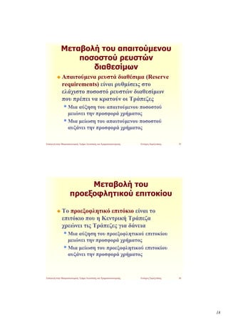 Μεταβολή του απαιτούμενου
                  ποσοστού ρευστών
                     διαθεσίμων
              Απαιτούμενα ρευστά διαθέσιμα (Reserve
              requirements) είναι ρυθμίσεις στο
              ελάχιστο ποσοστό ρευστών διαθεσίμων
              που πρέπει να κρατούν οι Τράπεζες
                    Μια αύξηση του απαιτούμενου ποσοστού
                    μειώνει την προσφορά χρήματος
                    Μια μείωση του απαιτούμενου ποσοστού
                    αυξάνει την προσφορά χρήματος

Εισαγωγή στην Μακροοικονομική, Τμήμα Λογιστικής και Χρηματοοικονομικής.   Ευτύχιος Σαρτζετάκης   35




                           Μεταβολή του
                      προεξοφλητικού επιτοκίου

              Το προεξοφλητικό επιτόκιο είναι το
              επιτόκιο που η Κεντρική Τράπεζα
              χρεώνει τις Τράπεζες για δάνεια
                    Μια αύξηση του προεξοφλητικού επιτοκίου
                    μειώνει την προσφορά χρήματος
                    Μια μείωση του προεξοφλητικού επιτοκίου
                    αυξάνει την προσφορά χρήματος



Εισαγωγή στην Μακροοικονομική, Τμήμα Λογιστικής και Χρηματοοικονομικής.   Ευτύχιος Σαρτζετάκης   36




                                                                                                      18
 