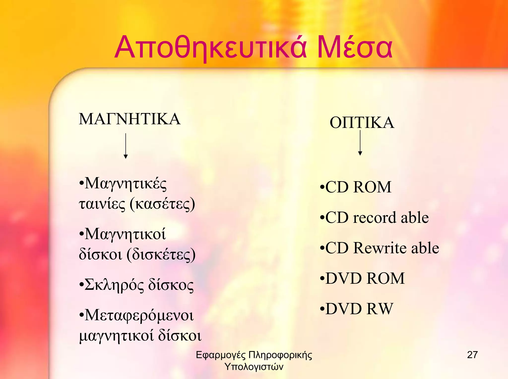 Αποθηκευτικά Μέσα
ΜΑΓΝΗΤΙΚΑ

ΟΠΤΙΚΑ

•Μαγνητικές
ταινίες (κασέτες)

•CD ROM

•Μαγνητικοί
δίσκοι (δισκέτες)

•CD Rewrite able

•CD record able

•Σκληρός δίσκος

•DVD ROM

•Μεταφερόµενοι
µαγνητικοί δίσκοι

•DVD RW

Εφαρµογές Πληροφορικής
Υπολογιστών

27

 