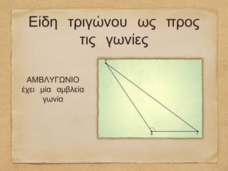 Είδη τριγώνου ως προς
        τις γωνίες

 ΑΜΒΛΥΓΩΝΙΟ
έχει μία αμβλεία
      γωνία
 