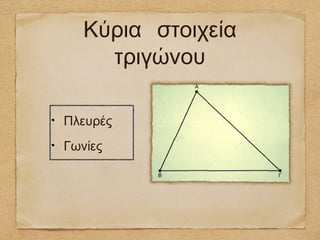 Κύρια στοιχεία
     τριγώνου

Πλευρές
Γωνίες
 