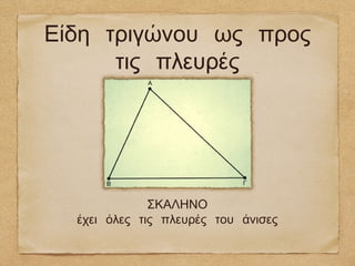 Είδη τριγώνου ως προς
      τις πλευρές




              ΣΚΑΛΗΝΟ
  έχει όλες τις πλευρές του άνισες
 